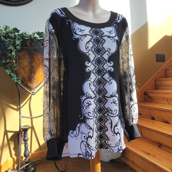 Sheer Sleeve Alfani Top Black White Flowy Dressy Sequin Neck Formal Blouse M - Picture 2 of 12